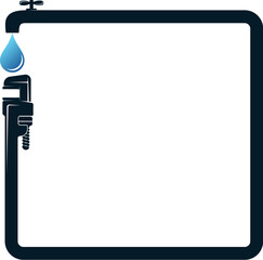 Water drop water pipe and wrench symbol. Plumbing repair and service frame design