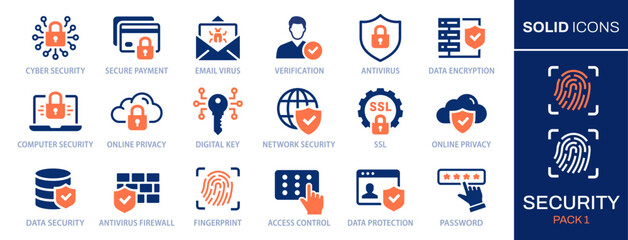 Cyber security icon set. Collection of safety, privacy, data protection, digital lock and more. Vector illustration. Easily changes to any color.