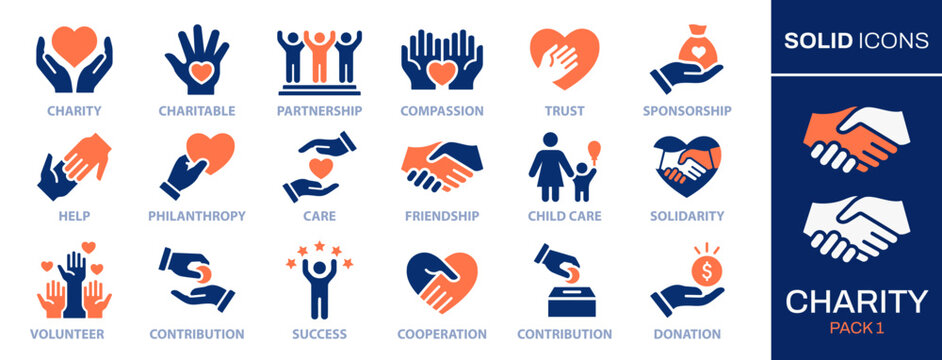 Charity icons set. Collection of hands, donations, hearts, unity and more. Vector illustration. Easily changes to any color.