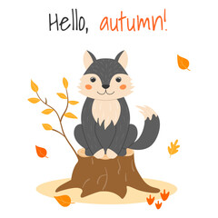 Vector illustration with a cute wolf on a stump and autumn leaves in cartoon style. Forest animals and plants. Hello, autumn.