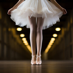Legs and skirt of a Dancer or Ballerina in a studio. Concept of performance dancing or ballet practice. Shallow field of view.