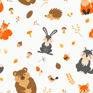 Seamless pattern with cute animals and plants cartoon style. Forest dwellers. Vector illustration.