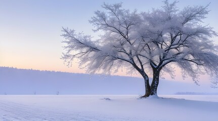 Fototapeta na wymiar Nature's artistry: Snow-draped tree in a peaceful setting.
