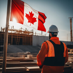 Construction workers at a construction site, with the Canadian flag in the background.
