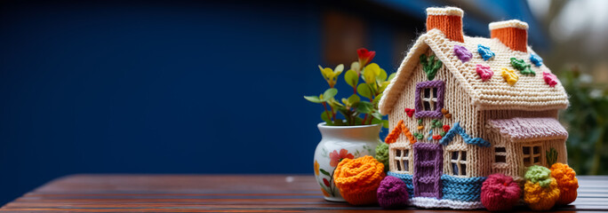 Cozy knitted house: a charming home in a scarf   winter background with a place for text