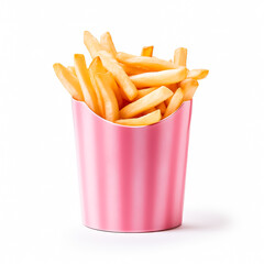 French fries in a special fast food pink box isolated on white background 