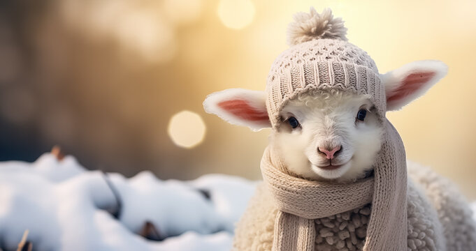 Cute sheep wearing knitted scarf and hat,  cold winter weather 