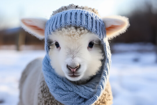 Cute sheep wearing knitted scarf and beanie adds a touch of humor to the cold winter weather 
