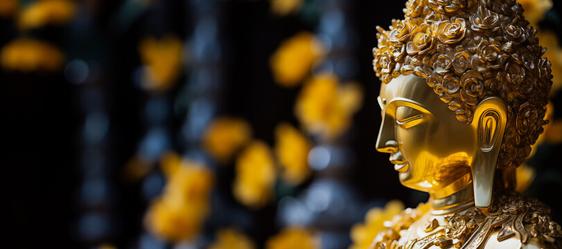 Detail to face of golden metal Tathagata Buddha statue 
