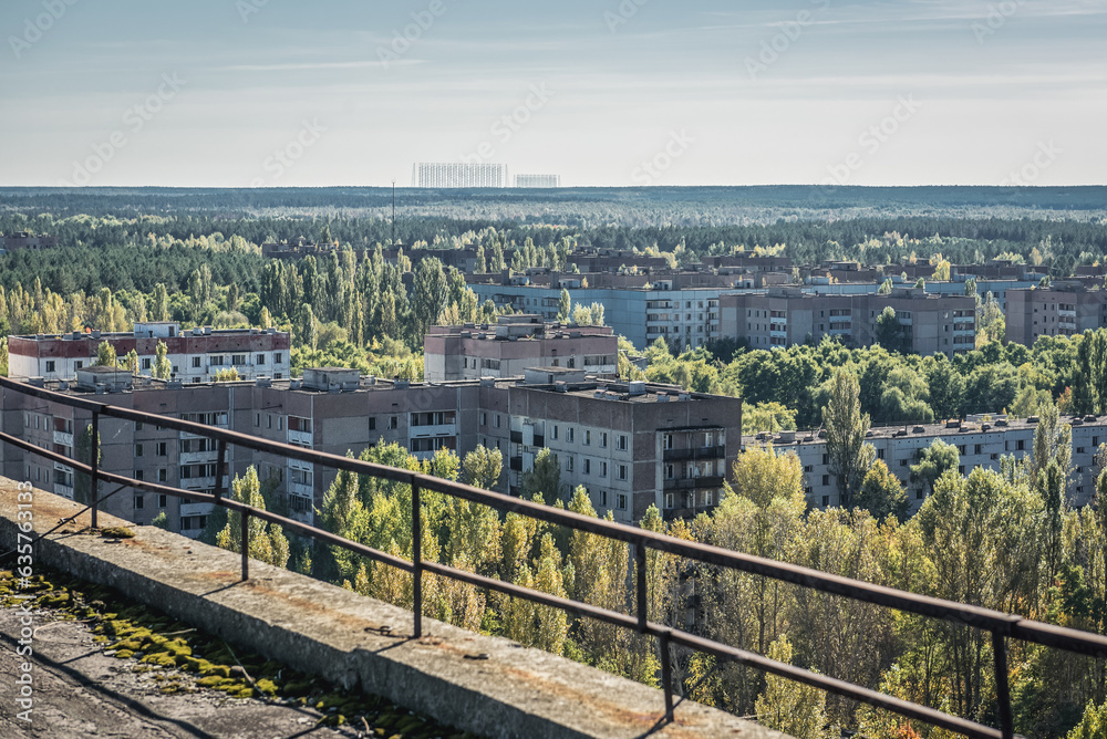 Sticker Aerial view from 16-story residential building in Pripyat ghost city in Chernobyl Exclusion Zone, Ukraine