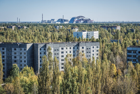 View from roof of 16-storied apartment house in Pripyat ghost city in Chernobyl Exclusion Zone, Ukraine