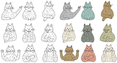 Doodle set of cute cartoon cats isolated on white. Hand drawn illustration for kids collection.
