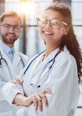 portrait of two medical workers in the hospital looking at the camera