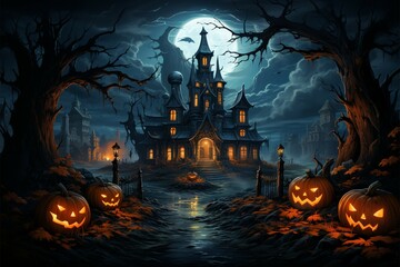 Fototapeta na wymiar Illustrated Halloween, House on hill, pumpkins, cemetery spooky journey under moonlight Generative AI