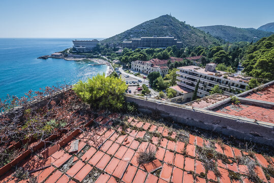 View from roof of old hotel in so called Bay of Abandoned Hotels in Kupari, Croatia