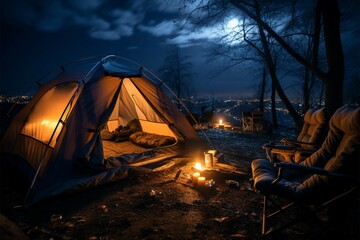 Lone in darkness Tents silhouette against the night, a cozy nocturnal retreat Generative AI