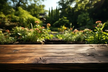 Natures showcase Vacant wooden table in park, ready for product displays amidst greenery Generative AI