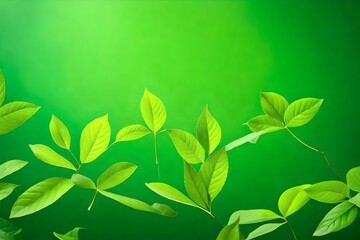 Flying leaves on green background. Generative AI
