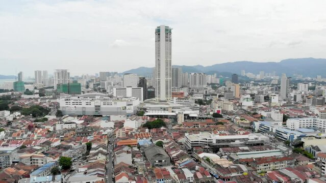 Bird eye view of Komtar Buildings and colorful houses in Penang Malaysia 