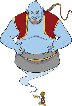 illustrations of big giant blue djin come out from the lamp