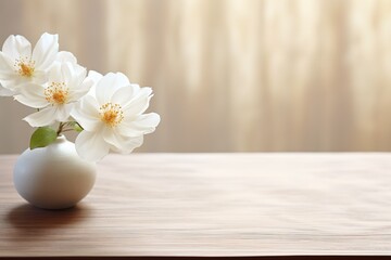 white flowers in a vase placed on a wooden table covered with a white tablecloth, interior decoration, product display template