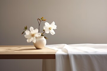 white flowers in a vase placed on a wooden table covered with a white tablecloth, interior decoration, product display template
