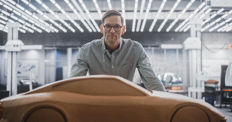 Portrait of a Handsome Automotive Designer in Glasses Working on a Prototype Car Out of Polymer...