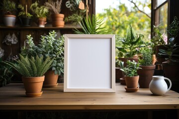 A diminutive wood-framed mockup finding its home within a verdant greenhouse, encircled by a collection of small, vibrant green plants. Photorealistic illustration, Generative AI