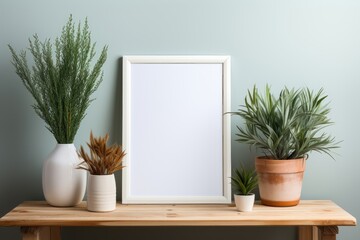 A white-framed mockup positioned against a gentle light green wall, while small potted plants add a touch of natural charm. Photorealistic illustration, Generative AI