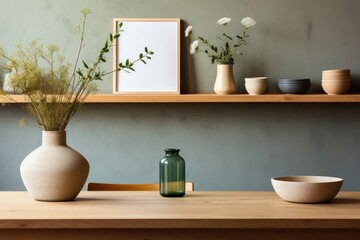 Fototapeta na wymiar A small wood-framed mockup resting on a shelf against a light green wall, accompanied by bowls and a vase filled with flowers. Photorealistic illustration, Generative AI