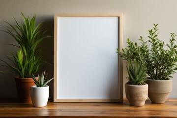A tabletop frame mockup set on display, sharing space with small potted plants on a rustic wooden table. Photorealistic illustration, Generative AI