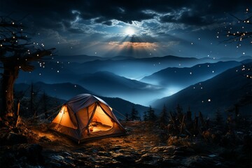 Nocturnal shelter Tent stands amidst darkness, a haven under the starry sky Generative AI