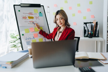 Portrait young business woman presentation marketing profit with confident within investment and seminar for planning of finance