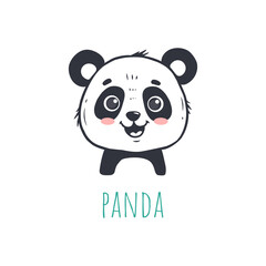 funny panda in cartoon style. Flat animal. Doodle illustration of panda head for cards, magazins, banners. 