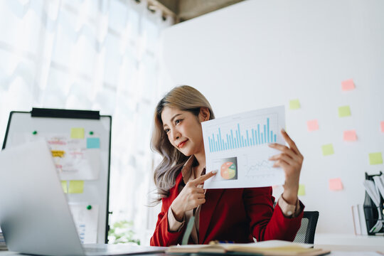 Portrait young business woman presentation marketing profit with confident within investment and seminar for planning of finance