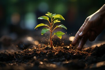 Fototapeta premium Planting ritual Hand adds soil on green bokeh, signifying growth or remembrance Generative AI