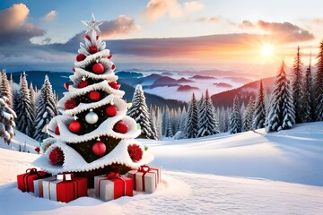 Gorgeous elegant Christmas tree with gifts in red and silver on a panoramic snow background
