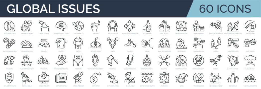 Set of 60 outline icons related to global issues, problems. Linear icon collection. Editable stroke. Vector illustration