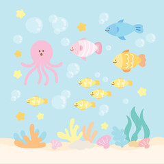 Drawing of sea lives including octopus, fish, sea shell, starfish and coral reef. They can be used for under the sea decoration, aquarium elements, ocean logo and icon, banner, background, wallpaper.