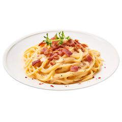 Plate of Carbonara Pasta with Bacon on isolated transparent background, png
