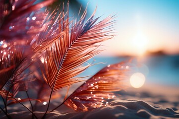 Fototapeta premium Seashore fantasy Blurred palm, bokeh background complement sandy scene, signifying summer escape Generative AI