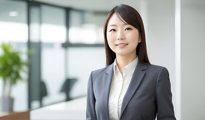 Portrait of happy businesswomen standing in office background.