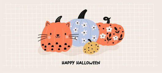 Cute Halloween pumpkins, different sizes and shapes. Spooky boo Halloween characters for kids. Happy Halloween greeting card with pumpkins. Flat vector illustration, cartoon style