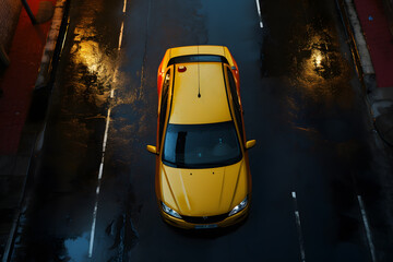 top view of the yellow car is standing on wet pavement