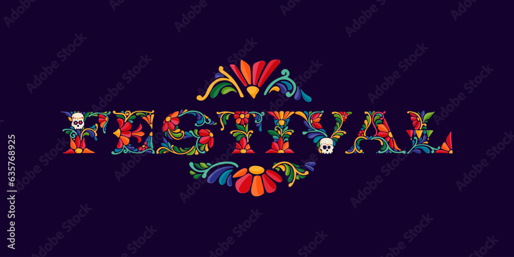 Wall mural festival banner with mexican colorful and ornate ethnic pattern. traditional aztec leaves and flower