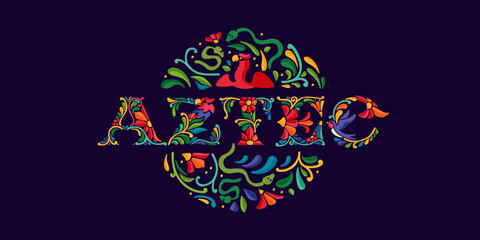Aztec banner with Mexican colorful and ornate ethnic pattern. Traditional Aztec leaves and flowers embroidery ornament.