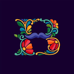 Letter B logo with Mexican colorful and ornate ethnic pattern. Traditional Aztec leaves and flowers embroidery ornament.
