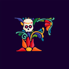 Letter F logo with Mexican colorful and ornate ethnic pattern. Traditional Aztec leaves and flowers embroidery ornament.