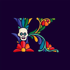 Letter K logo with Mexican colorful and ornate ethnic pattern. Traditional Aztec leaves and flowers embroidery ornament.