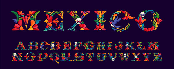Alphabet set with Mexican colorful and ornate ethnic pattern. Traditional Aztec leaves and flowers embroidery ornament.